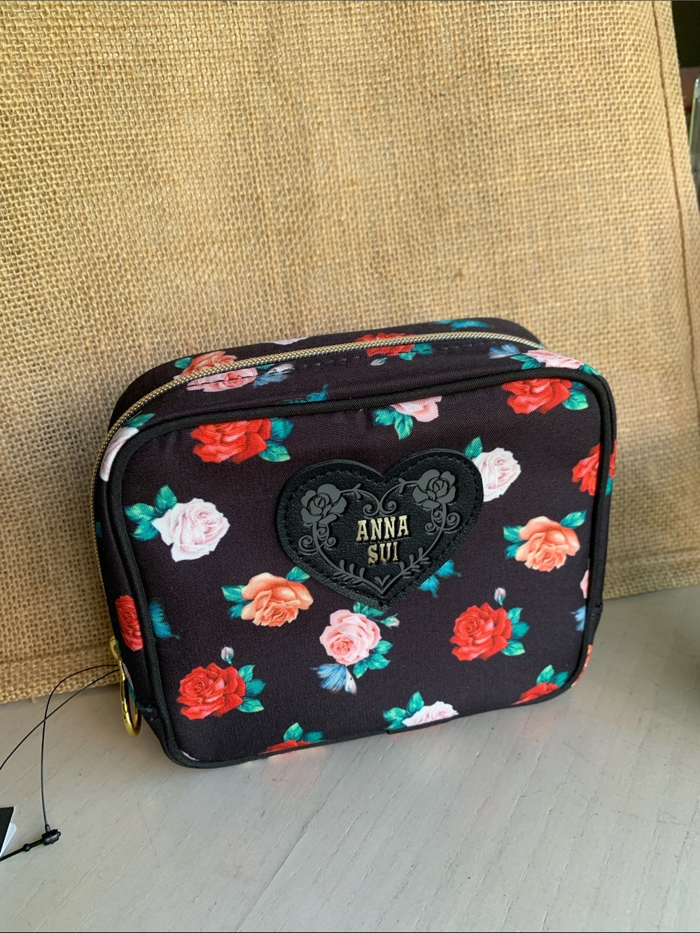 Anna Sui Black Floral Heart-Logo Cosmetic Case